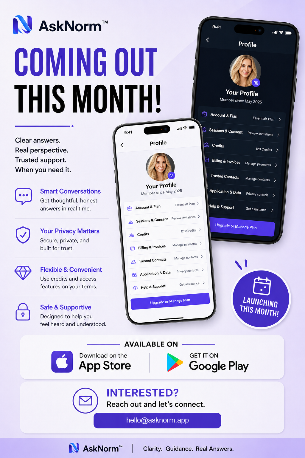 Ask Norm™ profile experience preview shown on light and dark mobile screens