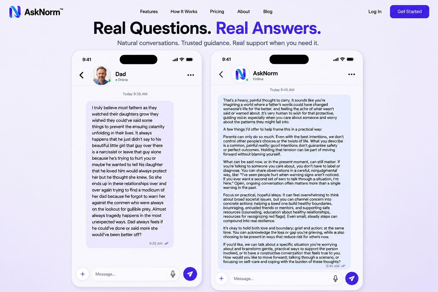 Ask Norm™ example showing a father's real question beside a detailed, supportive Ask Norm™ answer